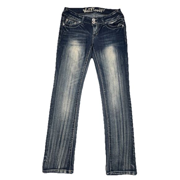 Wallflower Straight Jeans Juniors 7 Blue Embellished Stretch Measures 30 x 31 - Picture 1 of 9